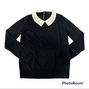 J. Crew 100% Merino wool black sweater lace white collar size small
